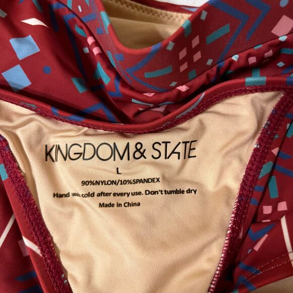Geometric Cut-Out Bandeau Tankini in Burgundy with Multi Color Pattern Size L - Picture 5 of 5
